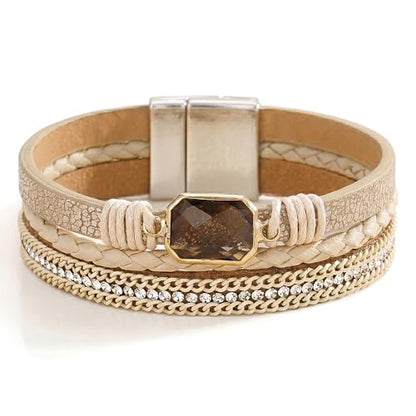Fesciory Leather Wrap Bracelet for Women, Boho Western Layered Cuff Jewelry | Stackable Bracelets, Easy-On Clasp, Daily Wear, Pairs with Boho Western Outfits, Gift for Women - color: Beige1