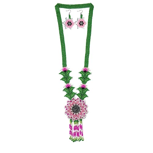 Handmade beaded Native native american style huichol glass seed bead Necklace Collar de cuentas nativas al estilo mexicano de los artesanos regalos para mujeres - color: Pink & White