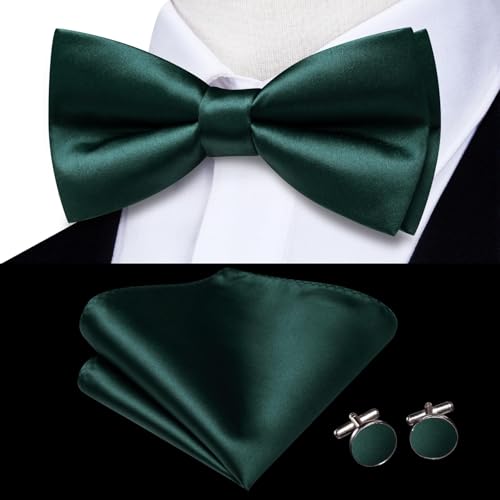 Hi-Tie 5Pcs Mens Solid Color Silk Tie Satin Pretied Bowtie Lapel Pin for Men Handkerchief Cufflink Wedding Gift Box - color: Dark Green