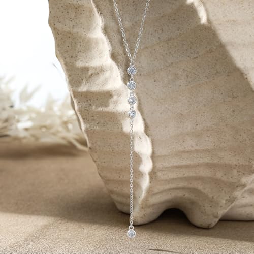 Foxgirl Lariat Gold Necklace for Women, Dainty Long Necklace 14k Gold Plated/Silver Y-Shaped Pendant Necklace Trendy Layered Cz Beaded Chain Drop Necklaces Simple Gold Jewelry For Women Gift - color: Y CZ Lariat Necklace-SL
