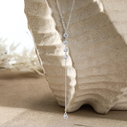 Foxgirl Lariat Gold Necklace for Women, Dainty Long Necklace 14k Gold Plated/Silver Y-Shaped Pendant Necklace Trendy Layered Cz Beaded Chain Drop Necklaces Simple Gold Jewelry For Women Gift - color: Y CZ Lariat Necklace-SL