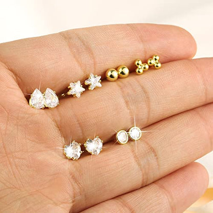 KISSPAT 6 Pairs Small Gold Stud Earrings Set for Women Hypoallergenic Silver post Tiny Stud Earrings Multiple Pack - color: A