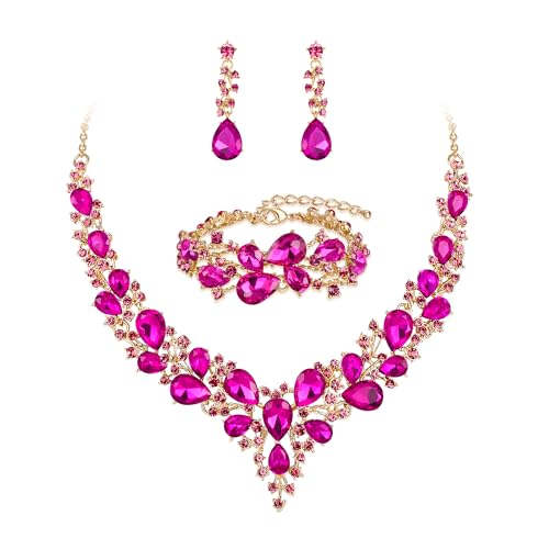 Wedding Bridal Jewelry Set for Women Bride Bridesmaids | Gorgeous Austrian Crystal Teardrop Cluster Statement Necklace Dangle Earrings Link Bracelet Set Prom Jewellery - color: 13-Fuchsia Gold-Plated-Base