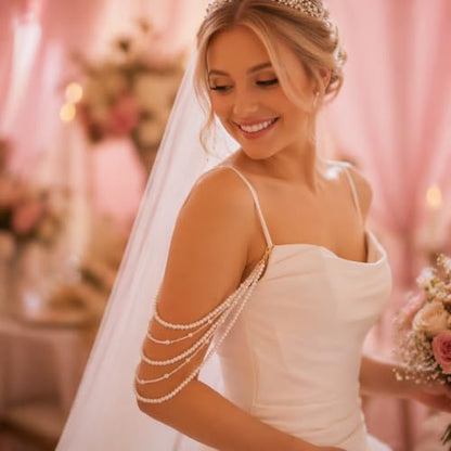 Pearl Arm Chain Wedding bridal Shoulder Jewelry Layered Prom Party Body Jewelry for Slide Dress Costume Accessory - color: Pearl Chain-2Pcs