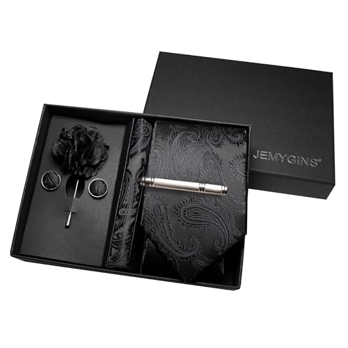 JEMYGINS Mens Paisley Tie and Pocket Square,Lapel Pin,Cufflinks,Tie Clip Sets with Gift Box 5PCS - color: Bright Yellow
