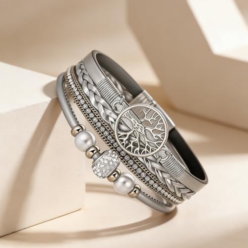 hotoo Leather Wrap Bracelets for Women Tree of Life Cuff Bracelets Pearl Rhinestone Bead Multi-Layer Bracelets Bohemian Jewelry Gift for Women - color: Silver