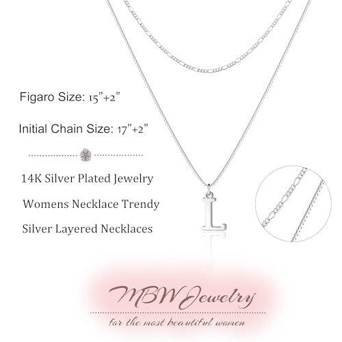 MBW Dainty Silver Layered Initial A-Z Pendant Necklaces for Women Thin | Simple Waterproof 925 Silver Plated Necklace Figaro Choker Monogram Name Jewelry Set Personalized - color: Silver InitIal NK-L