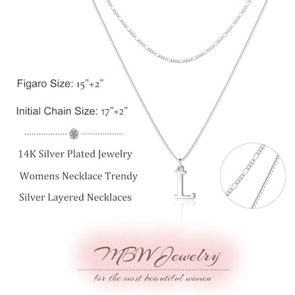 MBW Dainty Silver Layered Initial A-Z Pendant Necklaces for Women Thin | Simple Waterproof 925 Silver Plated Necklace Figaro Choker Monogram Name Jewelry Set Personalized - color: Silver InitIal NK-L