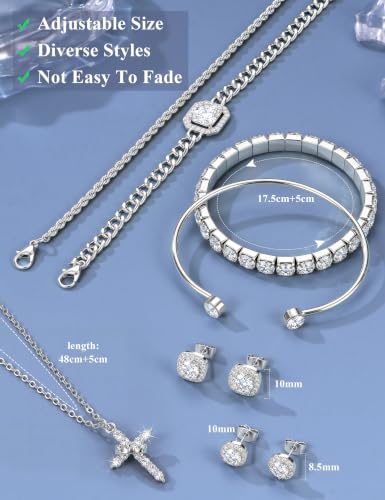 Jewelry Set for Women, 7 Pcs Necklace Earrings Bracelet Set | Crown Cross Necklace,CZ Stud Earrings,Layered Bracelets,Accessories,Adjustable Jewelry,Wedding and Daily Wear,Gold & Silver - color: SILVER