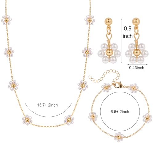 Raicegs Pearl Jewelry Set for Women Wedding Pearl Necklace Bracelet Earrings Set Bride Bridesmaid Dainty Jewelry Gift for Women - color: Flower Jewelry