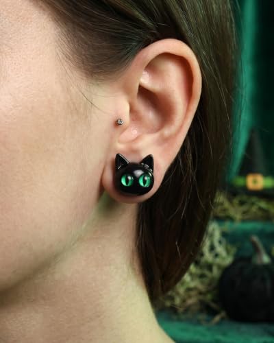 One Piece Halloween Cat Ear Gauges Plug,0G-1/2In Saddle Plug for Ears, 316L Surgical Steel Ear Stretching Piercing Jewelry - size: BK-1/2"(12mm)