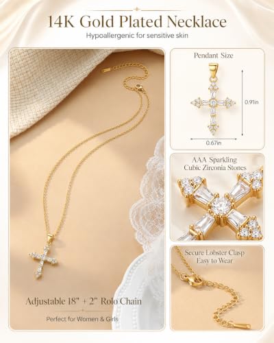 HGDEER God's Blessing Cross Necklace for Women Girls, Catholic Faith Gift | 14K Gold Plated, AAA+ Cubic Zirconia, No Rust No Fade, Gentle on Sensitive Skin, 18+2 in Adjustable Chain for Women Girls