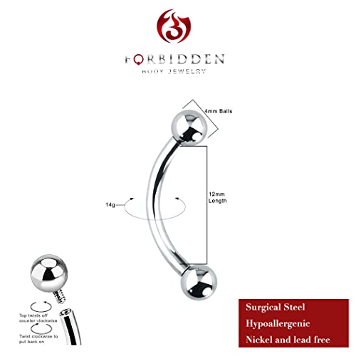 Forbidden Body Jewelry Curved Barbell Piercing Jewelry - 00GA-16GA Silver Eyebrow Piercing - Surgical Steel Snake Eye Frog Eyes Tongue Rings & Belly Rings for Women (6/14mm Bar, 3/12mm Balls) - style: 14GA, 12mm Length, 4mm Balls
