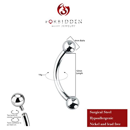 Forbidden Body Jewelry Curved Barbell Piercing Jewelry - 00GA-16GA Silver Eyebrow Piercing - Surgical Steel Snake Eye Frog Eyes Tongue Rings & Belly Rings for Women (6/14mm Bar, 3/12mm Balls) - style: 14GA, 12mm Length, 4mm Balls