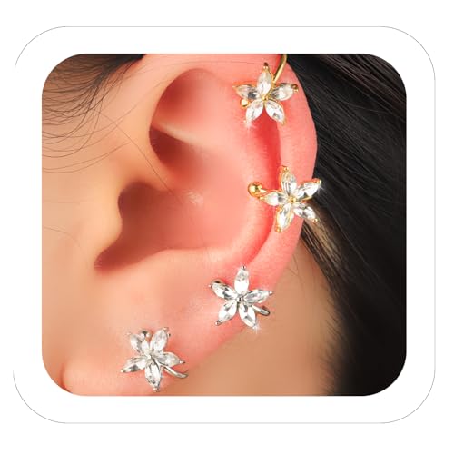Ear Cuff Earrings with Fake Diamond for Women Non Piercing Fake Earring Cuff Clip On Earring Cuffs Non Pierced for Renaissance Costume,Rave Outfits,Birthday Dress,Women Gift - color: Silver+Gold