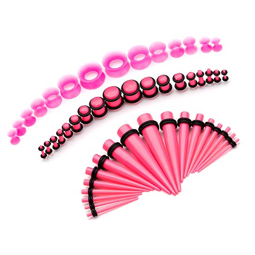 50-Piece Ear Gauges Stretching Kit, 14G-00G | Acrylic tapers and plugs with soft silicone tunnels, body piercing jewelry for women and men - color: Pink