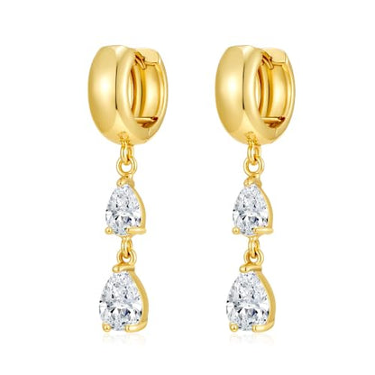 Gold Dangle Earrings for Women 14K Gold Plated Chunky Huggie Hoops Drop Earring Trendy Cubic Zirconia Diamond Crystal Round Teardrop Heart Charm Hypoallergenic Statement Jewelry Gifts - color: gold-teardrop CZ