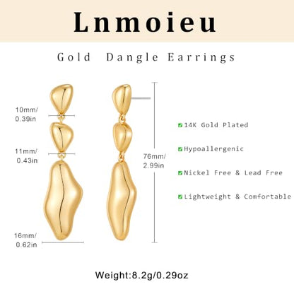 Gold Dangle Earrings for Women,Chunky 14K Gold Plated Drop Dangle Stud Earrings Long Statement Hammered Earring Hypoallergenic Jewelry for Women Gifts - style: Irregular-GD