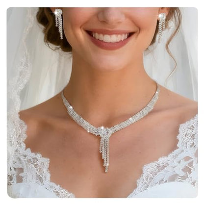 Women's Fashion Jewelry Rhinestone Zircon Necklace and Earring Set Formal Ball Gown Accessories Silver Floral Pendant Bridal Wedding Jewelry Suitable for Weddings, Balls, Banquets, and All Special Occasions - style: GST006