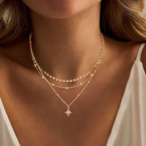 Ewrkbr Layered Necklaces for Women, Dainty Gold Necklace Stack 14k Gold Plated Layering Beaded Chain Choker Necklaces for Women Trendy Simple Disc Star Pendant Necklace Set Fashion Waterproof Jewelry - color: Gold-PP+Sun