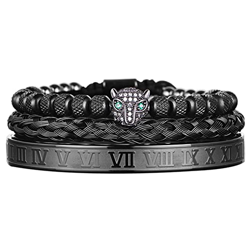 3pcs/set Classical Handmade Braiding Bracelet Hip Hop Men Pave CZ Leopard Head Roman Numeral Bracelet Stainless Steel Jewelry - color: 3pcs A Black Set B