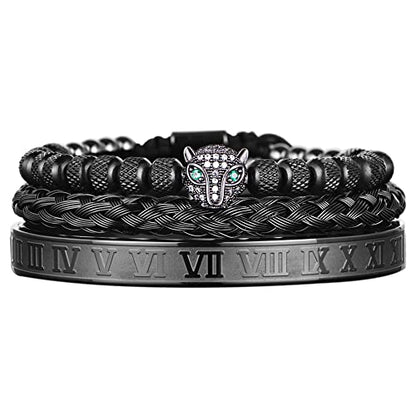 3pcs/set Classical Handmade Braiding Bracelet Hip Hop Men Pave CZ Leopard Head Roman Numeral Bracelet Stainless Steel Jewelry - color: 3pcs A Black Set B
