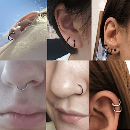 Lantine Black Hinged 20g 18g 16g Nose Rings Hoops 6mm 8mm 10mm 12mm 14mm 16mm Septum Ring Clicker Cartilage Helix Hoop Earrings Set - style: 18g 6mm+8mm+10mm+12mm Set