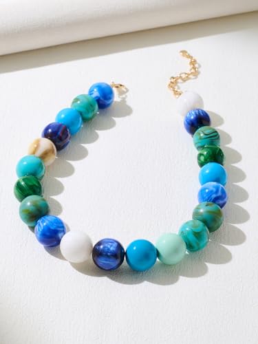 Chunky Beaded Necklaces for Women Statement Necklace | Bold Chunky Choker, Large Resin Beads, Adjustable Necklace, Boho Trendy Summer Beach Holiday Jewelry - color: Blue-02