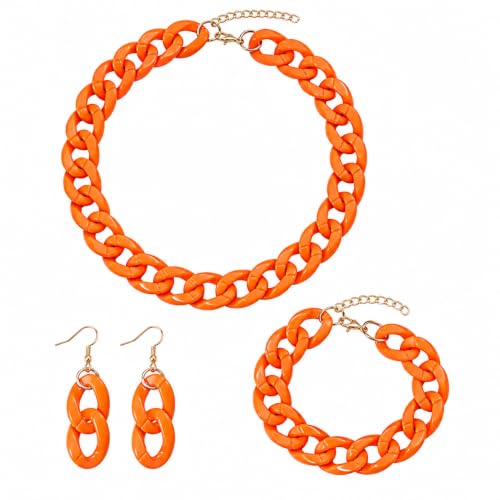 3 Pcs Acrylic Chunky Necklace Bracelet Earrings Set for Women, Bold Cuban Link Choker Necklace, Colorful Statement Jewelry Accessories for Party Outfit - color: Orange