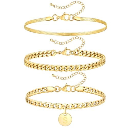 FOSIR Gold Initial Ankle Bracelets for Women, 14k Gold Plated Layered Anklets for Women 3Pcs Waterproof Stainless Steel Cuban Link Herringbone Chain Anklets Set - style: S-gold