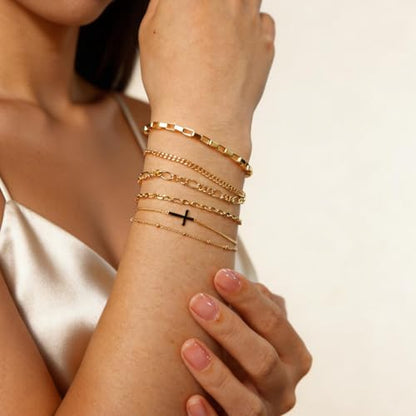 XYJZXY 18K Gold Plated Bracelets for Women, Waterproof Dainty Bracelet Stackable Set, Cuban Link Paperclip Chain Beaded Bracelet Pack, Fashion Jewelry Gift for Women
