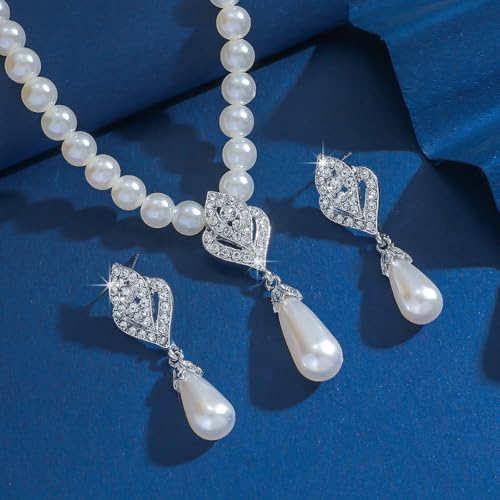 Pearl Necklace and Earring Set for Women,Pearl Jewelry Set Fake Pearls Necklace Imitation Beaded Collar de Perlas Para Mujer Necklaces for Prom Bridesmaid Costume Accessories - color: B-Silver Water Drop