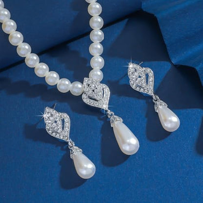 Pearl Necklace and Earring Set for Women,Pearl Jewelry Set Fake Pearls Necklace Imitation Beaded Collar de Perlas Para Mujer Necklaces for Prom Bridesmaid Costume Accessories - color: B-Silver Water Drop