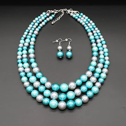 Chunky Layered Imitation Pearl Necklace for Women 3 strand Pearl Necklaces Faux Pearl Necklace Earrings Set 1920s Flapper Gatsby Costume Accessories - color: 3 strand pearl necklace blue grey