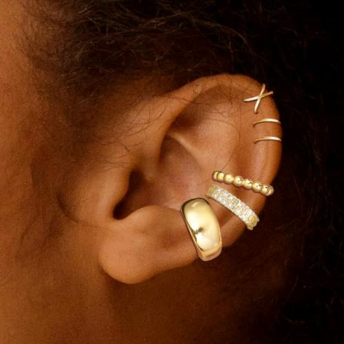 5 Pcs Thin Chunky Ear Cuff Earrings for Women 14K Gold Plated Brass Ear Cuffs Non Piercing Trendy Clip on Cartilage Earrings Cubic Zirconia Fake Piercings Earrings Jewelry - color: Style B,Chunky Gold