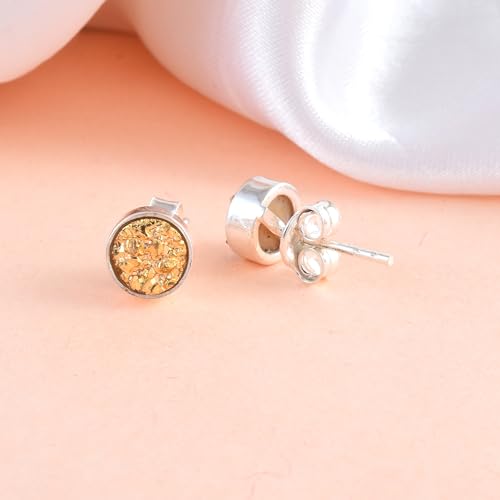 5 MM Natural Gemstone 925 Sterling Silver Hypoallergenic Studs Earrings Jewelry for Women Dainty Trendy Antiqued Silver Birthstone Earrings Jewelry Gifts for Women and Her - color: Golden Druzy