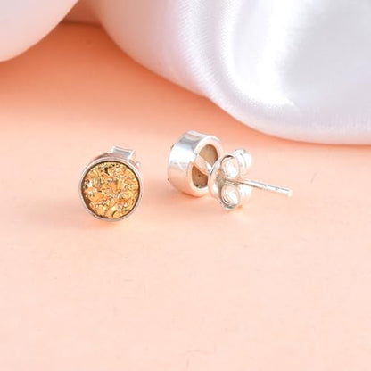 5 MM Natural Gemstone 925 Sterling Silver Hypoallergenic Studs Earrings Jewelry for Women Dainty Trendy Antiqued Silver Birthstone Earrings Jewelry Gifts for Women and Her - color: Golden Druzy
