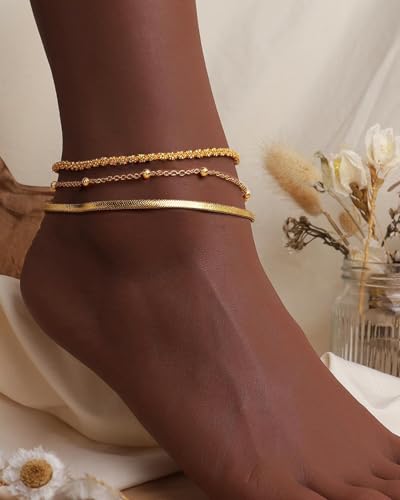 2/3 PCS Gold Anklets for Women Waterproof Boho Starfish, Seashell, Heart & Butterfly Charms Ankle Bracelets Non Tarnish Adjustable Layered Cuban Beaded Foot Chain Beach Jewelry for Summer Vacations - color: Gold Set 3