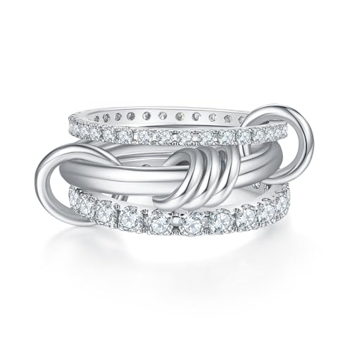 MINDDHA 14K Gold Plated Interlocked Stackable Rings for Women - Statement Multi Ring Stack - Cubic Zirconia Two-Toned Stackable Bands Stacking Jewelry 3 Row Size 4-12 - color: Thin Band&CZ Silver