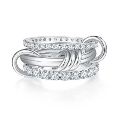 MINDDHA 14K Gold Plated Interlocked Stackable Rings for Women - Statement Multi Ring Stack - Cubic Zirconia Two-Toned Stackable Bands Stacking Jewelry 3 Row Size 4-12 - color: Thin Band&CZ Silver