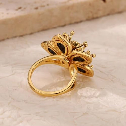 Gold Flower Ring for Women Trendy Silver Flower Statement Ring Adjustable Minimalist Rings Jewelry - color: Gold, style: Crystal Flower C