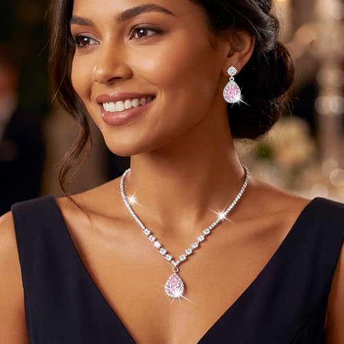 Unicra Bride Crystal Necklace Earrings Set Bridal Wedding Jewelry Sets Rhinestone Choker Necklace Prom Costume Jewelry Set for Women and Brides - color: Pink