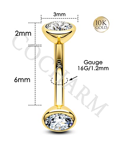 Solid Gold Rook Earrings Yellow Gold Eyebrow Rings 16g Real Gold Rook Piercing Jewelry 8mm 10K Curved Eyebrow Piercing 10Kt Gold Rook Barbell - style: 6mm