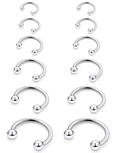 12G 14G 16G Horseshoe Septum Nose Ring Piercing Jewelry Surgical Steel Circular Barbell Daith Rook Earring Smiley Snake Bite Lip Ring Piercing Jewelry for Women Men Balls Silver Black Gold - color: Silver, size: 16G