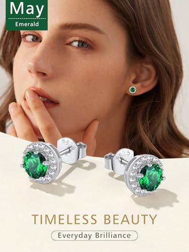 FindChic Birthstone Earrings for Women, Round/Heart/Square/Teardrop Earrings with 925 Sterling Silver Posts & Push Backs, Hypoallergenic Studs with Cubic Zirconia, 12 Months Jewelry with Gift Box - style: 05. May-Emerald (Round)