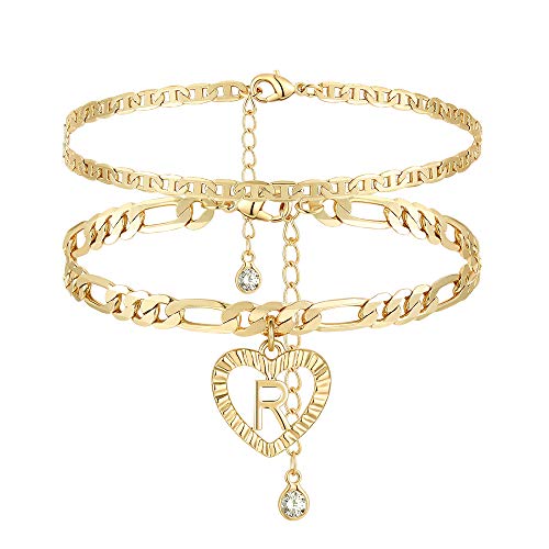 YANODA Initial Ankle Bracelets for Women 14K Gold Plated Layered Figaro Chain Letter Initial Anklets Handmade Layered Heart Ankle Bracelets Personalized Jewelry for Women - color: R