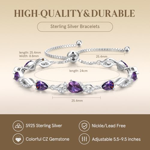 FANCIME Birthstone Teardrop Tennis Bracelet for Women, Sterling Silver 9x7mm main Gemstone Bolo Adjustable Chain Bracelet Fine Jewelry Birthday Gifts for Women Mom Wife Her - color: 02-Amethyst
