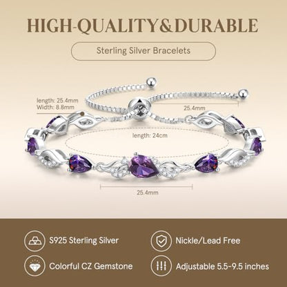 FANCIME Birthstone Teardrop Tennis Bracelet for Women, Sterling Silver 9x7mm main Gemstone Bolo Adjustable Chain Bracelet Fine Jewelry Birthday Gifts for Women Mom Wife Her - color: 02-Amethyst