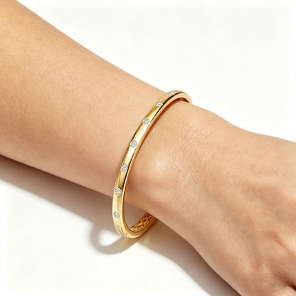 AuraLyric Gold Bracelets for Women, 14K Gold Plated Nail/Love/Emerald Green/Teardrop/Round White CZ Bangle Bracelets, Stackable Gold Bangles Non Tarnish, Gifts for Wife Mom Daughter 6.5 Inch - color: White CZ - Round