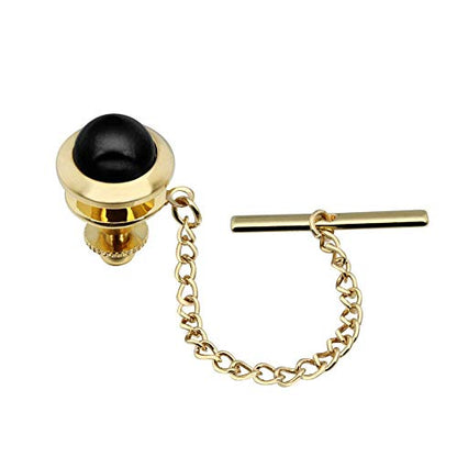 AMITER Crystal/Pearl Tie Tack with Chain, Gold Mens Tie Pin Necktie Pins Lapel Pin for Wedding Birthday Anniversary Party - color: 24k Gold+Black Imitation Pearl